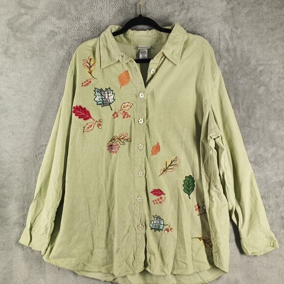 FASHION BUG Embroidered Fall Corduroy Button Up Shirt 22/24W 100% Cotton Green - Picture 2 of 13